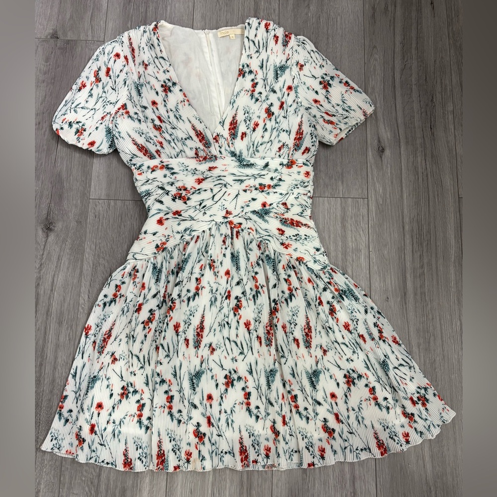 Maje Rasion Pleated White and Red Floral Mini Dress